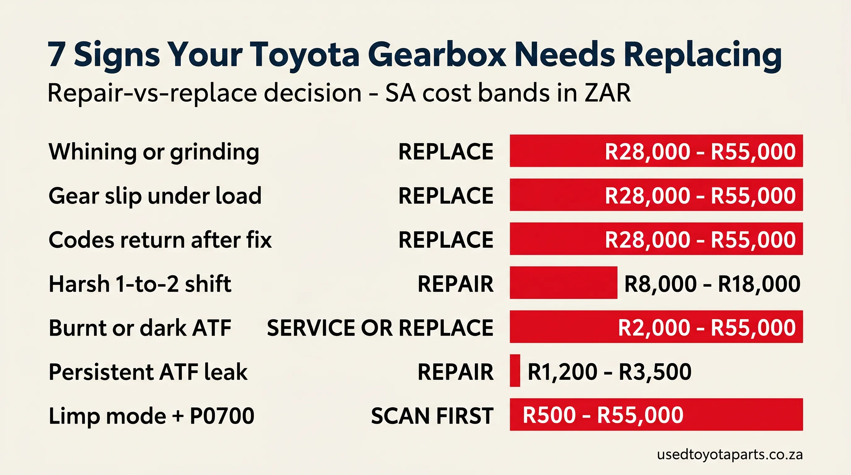 Toyota automatic gearbox failure signs - 7 symptoms with repair vs replace thresholds and SA ZAR cost ranges
